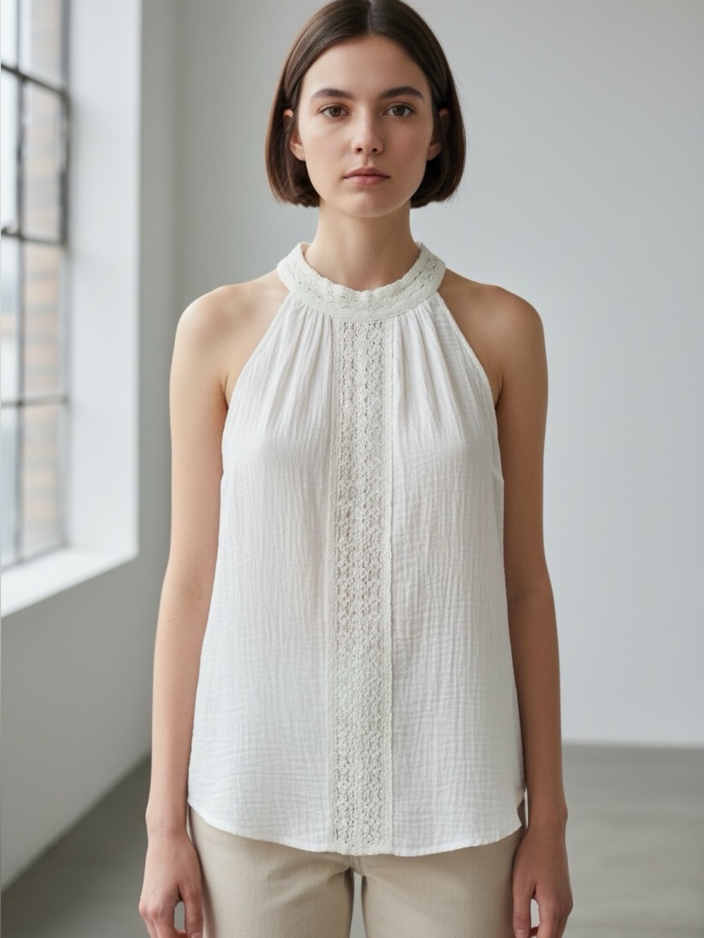 Bleuh Ciel Cream Crochet-Trim Halter Camisole
